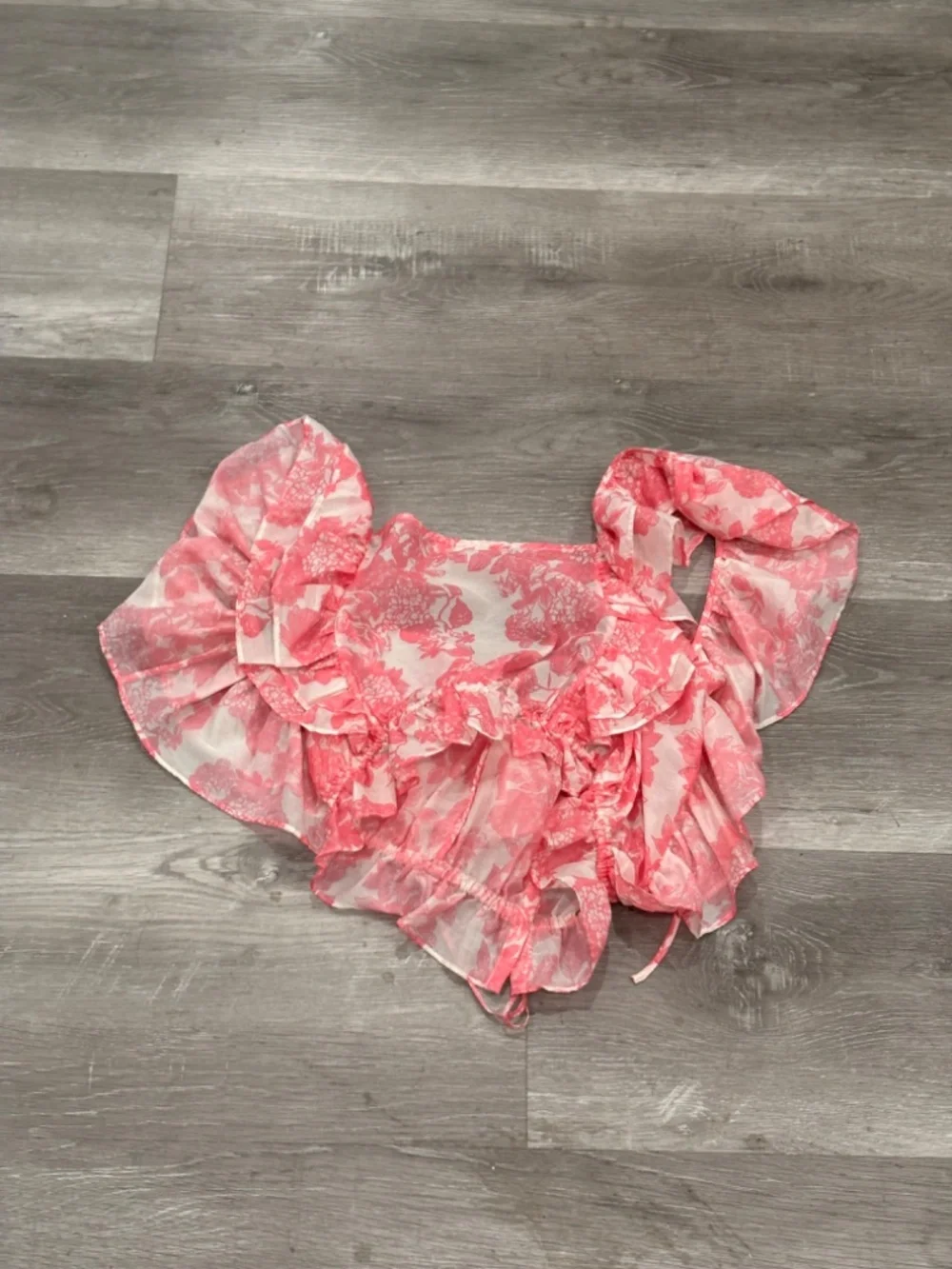 LoveShackFancy Molly Pink Floral Cropped Puff Sleeve Ruffle Silk Blouse XS